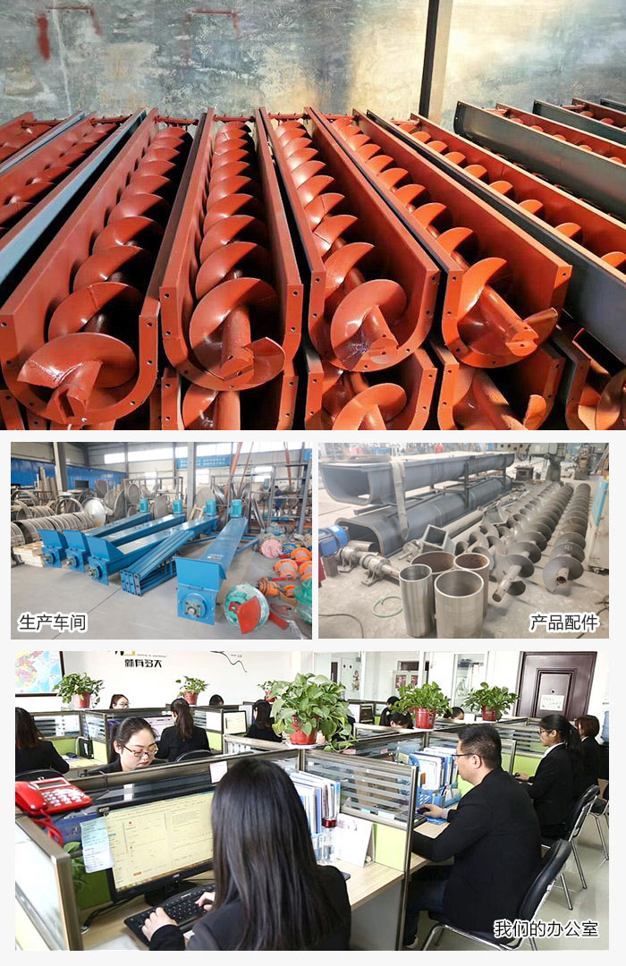 絞龍螺旋輸送機產(chǎn)品，廠區(qū)，以及辦公場地展示圖。