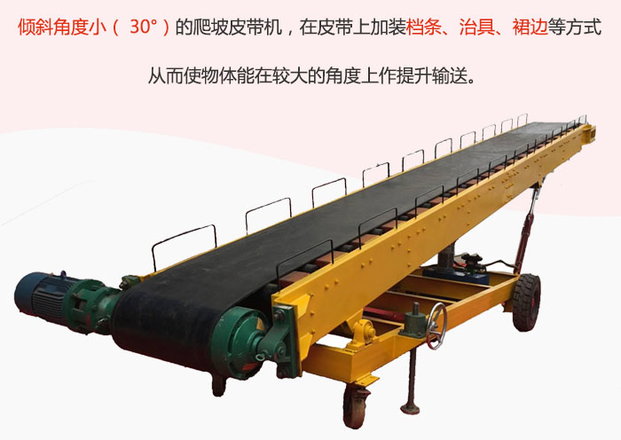 傾斜角度?。?30°）的爬坡皮帶機(jī)，在皮帶上加裝檔條、治具、裙邊等方式從而使物體能在較大的角度上作提升輸送。